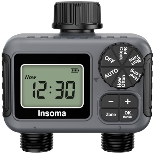 Insoma 2-Zone Sprinkler Timer, Programmable Garden Hose Timer with Auto/Manual/Rain Delay Modes | Water-Saving Irrigation Controller for Lawn, Yard & Drip Systems | Waterproof Design & Easy Setup