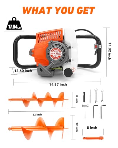 NEO-TEC 72CC Post Hole Digger Gas Powered, 2-Stroke Earth Auger Hole Digger - size: 72CC+8"+12"+2 Extension