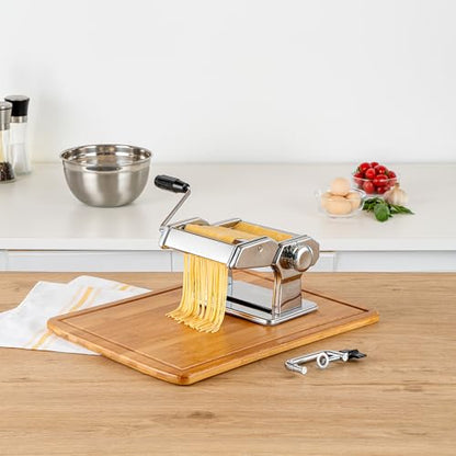 Restaurantware Pasta Maker Stainless Steel 8.3 x 7.8 x 6.2 Inch Adjustable Thickness Noodle Machine With Spaghetti Cutter And Interchangeable Blades, Silver Kitchen Pasta Tool - style: Manual