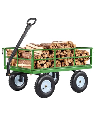 VEVOR Steel Garden Cart, 1200 lbs Heavy Duty Pullable Garden Wagon Yard Cart, 2 in 1 Outdoor Metal Utility Wagon Yard Trailer with 13" All Terrain Tires, Mesh Detachable Sides and 180° Rotating Handle - color: Black + Green