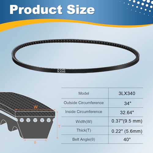 uxcell 3L340 Rubber Cogged V Belt, 34" Outside Circumference x 0.37" Width x 0.22" Thick, Updated and Instead of Normal 3L Profile Single V-Beltings for Lawn & Garden Machinery - size: 3LX340