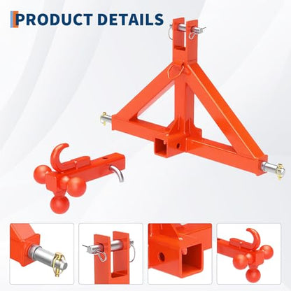 Garvee 3 Point Hitch Receiver with 2 in Receiver, 3 Ball & Hook - color: Orange, size: 32.5"x17.5"