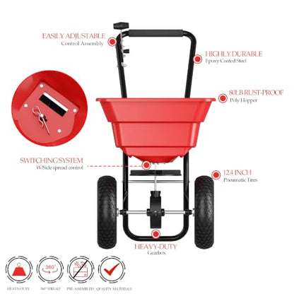 MOUMON 80LBS Push Broadcast Fertilizer Spreader, Walk-Behind Garden Seeder