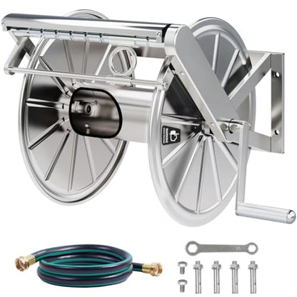 Stainless Steel Garden Hose Reel Heavy Duty, Wall Mount Water Hose Holder, 150 Feet of 5/8 Inch Hoses Capacity, Hose Reels with 5 ft Inlet Hose for Outside, Lawn, Yard, Garage - size: 150 ft Capacity without Hose