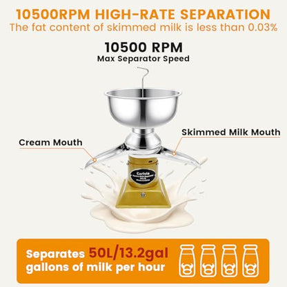 Milk Cream Centrifugal Separator, 304 Stainless Steel Electric Cow Milk Separator, 50L/H Goat Cow Cream Separator, 10500RPM Creams Maker Separator with 5L Bowl Capacity for Fresh Goat Cow Milk