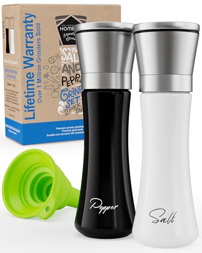 HOME EC Stainless Steel Salt and Pepper Grinder Set of 2 - Adjustable Ceramic Sea Salt Grinder & Pepper Grinder - Glass Salt and Pepper Shakers - Pepper Mill & Salt Mill W/Funnel - Black and White - color: Black/White Glass, size: 2pk