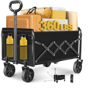 Collapsible Wagon Cart, Folding Cart with 360LBS Capacity, Black - color: Black_360lbs