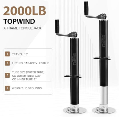 USA RV Top Crank A-Frame Trailer Tongue Jack 2,000LB Lift Capacity 15in Lift Removable Footpad