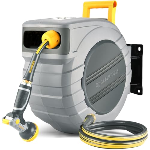 GLAHODEN Retractable Garden Hose Reel 5/8 in x 115 ft with Metal Bracket, 2025 Upgraded Dual Ratchet Lock UV & Freeze Protection Brass Seal Slow Retraction Anti-Tangle Hose 180Swivel - color: Light Gray, size: 5/8" 115FT