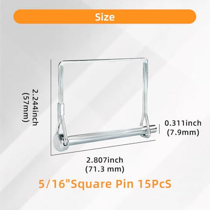 15Pcs Silver Wire Lock Pin Set, 5/16”x 2-1/2” Heavy Duty Square Trailer Coupler Pin, Zinc Plated Carbon Steel Safety Locking Pin for Trailer, Truck, Tractor, and Towing Hitches - size: 5/16“ x 2-1/2”