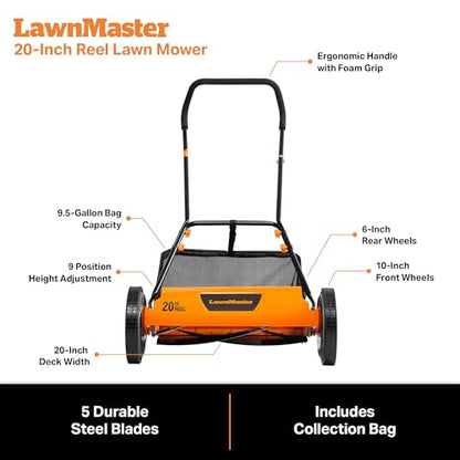 LawnMaster 20” 5-Blade Push Reel Lawn Mower – LMRM2001 - size: 20-Inch