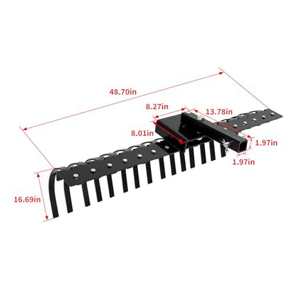 WUTIST 48" Tow Behind Landscape Rake Compatible with ATV UTV Tractor W/2" Receiver for Leaves, Debris, Grass, Pine Needles