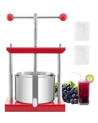 VEVOR 0.8 Gal/3L Fruit Wine Press, 2 Stainless Steel Barrels, Manual Juice Maker, Cider Apple Grape Tincture Honey Olive Oil Making Press with T-Handle for Outdoor Kitchen Home - color: Red, size: 0.8 Gal