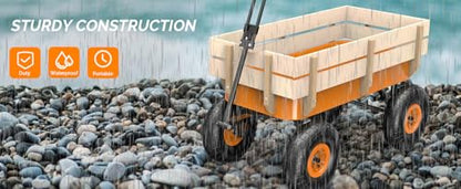 VINGLI Steel Garden Wagon Cart on Wheels, 330lb Load Capacity, Removable Heavy Duty Wooden Side Panels, with Extendable Handle and 10inch All-Terrain Tires, Wheelbarrow for Yard Landscaping (Orange) - color: Orange