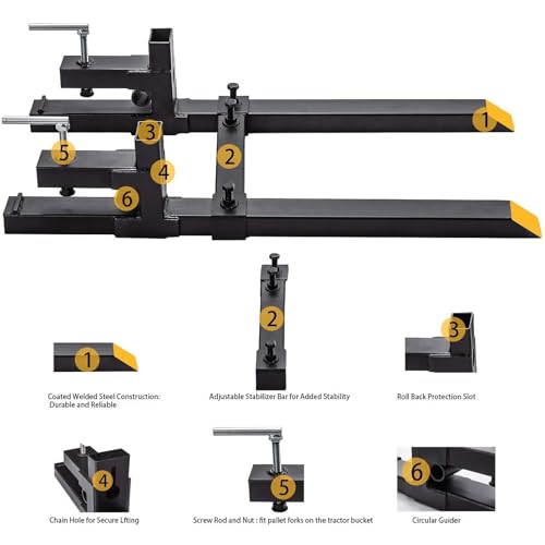 60" Clamp-On Pallet Forks with Adjustable Stabilizer Bar, 2000 Lbs Capacity for Heavy-Duty Tractor Bucket, Skid Steer, and Loader (2000 Lbs, 60")