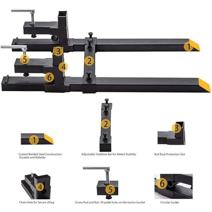 60" Clamp-On Pallet Forks with Adjustable Stabilizer Bar, 2000 Lbs Capacity for Heavy-Duty Tractor Bucket, Skid Steer, and Loader (2000 Lbs, 60")