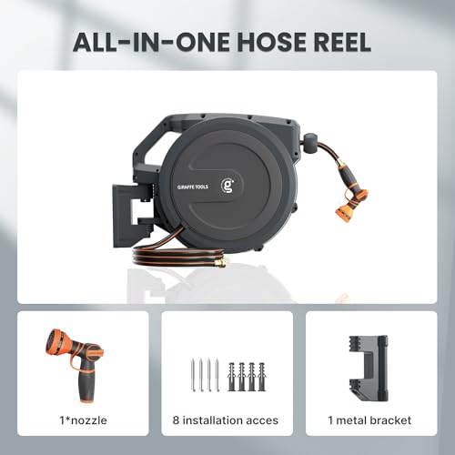 Giraffe Tools Retractable Garden Hose Reel 1/2"78FT Metal Bracket - size: 1/2 78FT