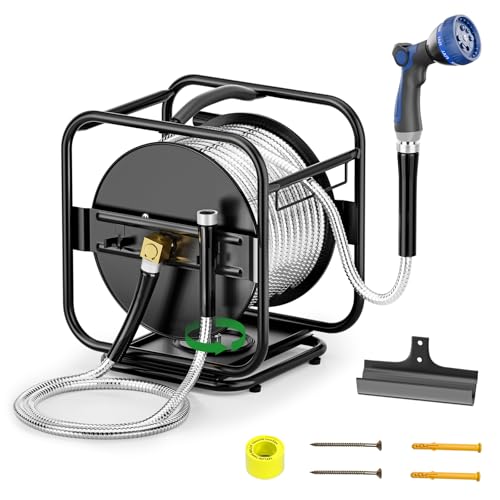 SPECILITE Garden Hose Reel With 100Ft Metal Water Pipe, 360° Rotation Frame - size: 100 FT