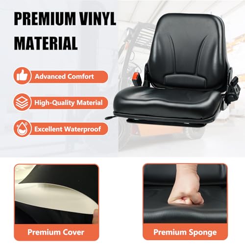 Universal Forklift Seat, Fold Down Tractor Seat with Retractable Safety Belt, and Micro Switch for Tractor, Excavator, Skid Loader, Backhoe, Dozer, Telehandler