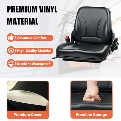 Universal Forklift Seat, Fold Down Tractor Seat with Retractable Safety Belt, and Micro Switch for Tractor, Excavator, Skid Loader, Backhoe, Dozer, Telehandler