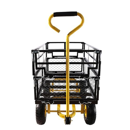 Heavy Duty Garden Wagon with Foldable Sides, Pneumatic Tires, Adjustable Handle (Yellow + Black Double Layer) - color: Yellow + Black Double Layer
