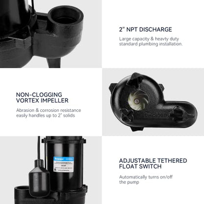 Acquaer 3/4 HP Submersible Sewage Pump 6400 GPH Cast Iron Effluent Pump - color: Dark
