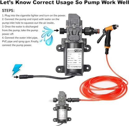 Portable Intelligent Electric Pressure Washer Pump 100W 160 PSI 12V Portable Pressure Powerful Washing Kit with 21.3 Feet PVC Hose for Home, Car, Garden, Projects (100 W-Black Hose)