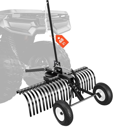 VEVOR 48in Tow Behind Landscape Rake, Pull Behind Lawn Rock Rakes for ATV Mower Tractors, 24 Durable Steel Tines, Adjustable Height & Angle, Heavy Duty Dethatcher Rake for Leaves Debris - style: 48" Dethatcher with Height Adjustment