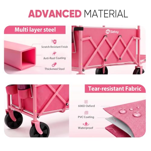 Sekey Collapsible Wagon Cart with Drop-Down Tailgate, 300 lb Capacity - color: Pink