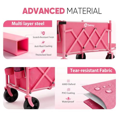 Sekey Collapsible Wagon Cart with Drop-Down Tailgate, 300 lb Capacity - color: Pink