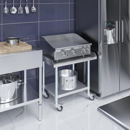Stainless Steel Rolling Equipment Grill Table Stand | 30" x 30" Work Table with Undershelf & 4 Casters (2 with Brakes) | Heavy-Duty Mobile Table for Kitchen or Utility Use