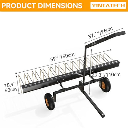 YINTATECH 60" Pine Needle Rake Tow Behind, Lawn Tractor Straw Rake Fit for ATV&Tractor, 24 Tines, Black & Gold