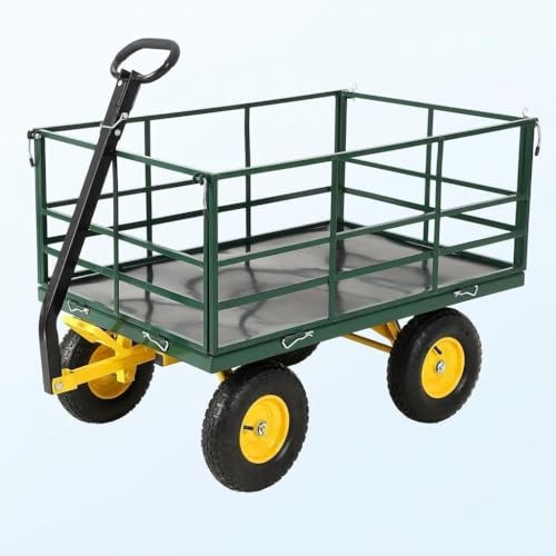 4-in-1 Heavy Duty Steel Garden Yard Cart - 1500 lbs Capacity - 13 Inch All-Terrain Wheels - Removable Mesh Sides - Dark Green Frame, Yellow Hubs, Black Handlebars