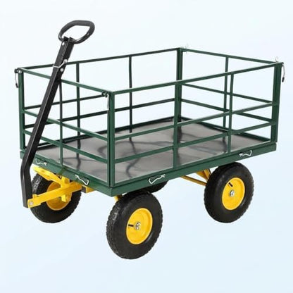 4-in-1 Heavy Duty Steel Garden Yard Cart - 1500 lbs Capacity - 13 Inch All-Terrain Wheels - Removable Mesh Sides - Dark Green Frame, Yellow Hubs, Black Handlebars