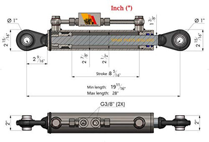 Spare Parts Holland - Hydraulic Top Link Cat 2-2 with Locking Block - Min. 19-11/16" Max. 28"
