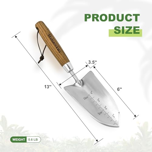 Haliaeetus Garden Trowel with Serrated Edge, 4'' Depth Mark Planting Shovel | V Shaped Sharp Edge Garden Shovel, Stainless Steel Hand Shovel with Comfortable Wood Handle for Planting and Weeding - size: 13'' Serrated Shovel