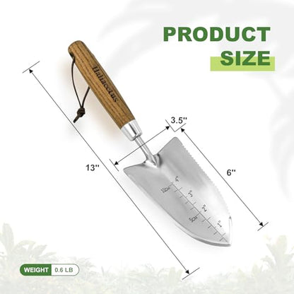 Haliaeetus Garden Trowel with Serrated Edge, 4'' Depth Mark Planting Shovel | V Shaped Sharp Edge Garden Shovel, Stainless Steel Hand Shovel with Comfortable Wood Handle for Planting and Weeding - size: 13'' Serrated Shovel
