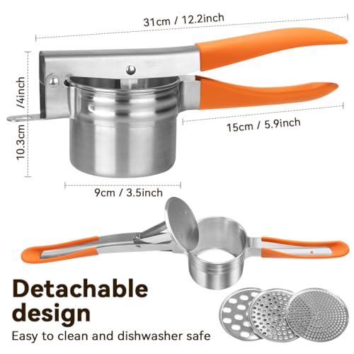 Potato Ricer,Stainless Steel Potato Masher Anti-Slip Grip,Orange | 3 texture discs, holiday batch prep for soft produce, suitable home and commercial kitchen daily use, matched cleaning brush - color: Orange