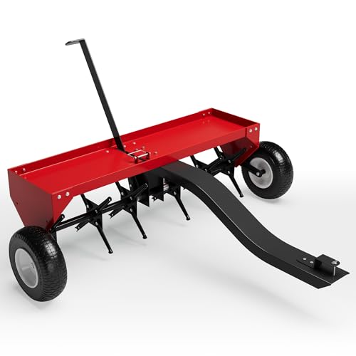 40-Inch Tow Behind Aerator with Universal Hitch, Heavy Duty Plug Aerator for Lawn Tractor ATV, 24 Steel Tines, MAX 150lb Weight Tray & Inflatable Wheels for Lawn, Yard, Garden Care - color: 40 inch-Red