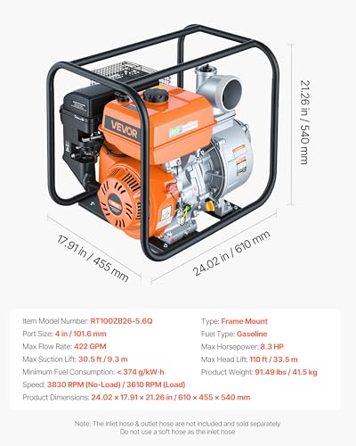 VEVOR Gas Powered Water Pump, 4 in, 422 GPM 8.3HP Semi Trash Water Transfer Pump Portable, Gasoline Engine with 25 ft Discharge Hose, Heavy Duty Frame, Cast Iron Impeller, for Irrigation, Ponds, Pools - size: 4in 8.3 HP 422GPM