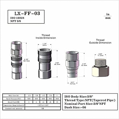 ISO16028 3/8'' Flat Face Hydraulic Quick Connect Coupling/Coupler Set W/Red Dust Cap 3/8'' NPT Thread - size: 1-Set 3/8" NPT