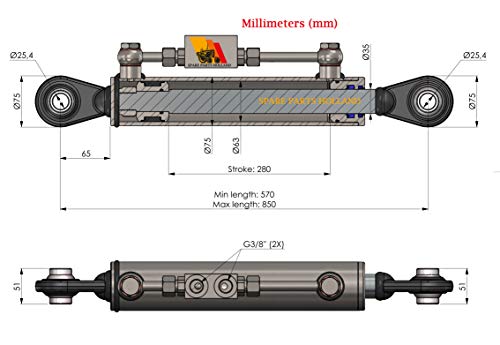 Spare Parts Holland - Hydraulic Top Link Cat 2-2 with Locking Block - Min. 22-3/8" Max. 33-1/2"