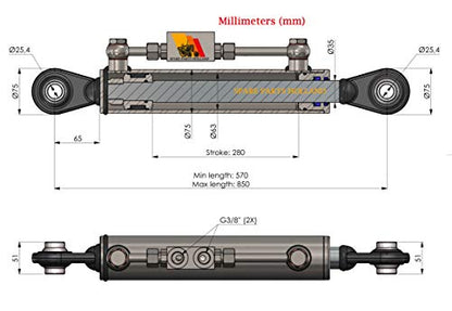 Spare Parts Holland - Hydraulic Top Link Cat 2-2 with Locking Block - Min. 22-3/8" Max. 33-1/2"