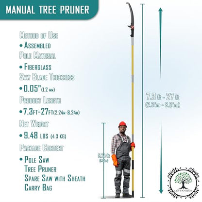 7.3-27FT Extendable Long Handle Pole Saw with Blade and Branch Scissors
