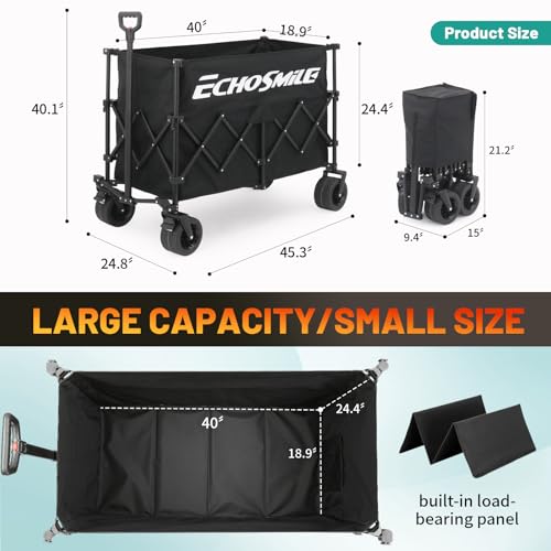 EchoSmile Wagons Carts Foldable Heavy Duty with 500Lbs Wt, 300L Cap, Black - color: Black