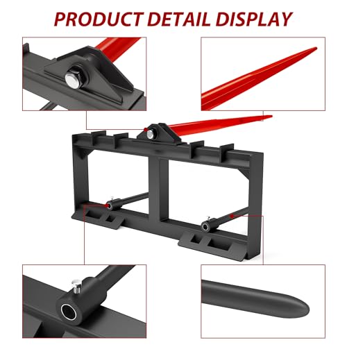 49" Hay Spear Attachment, 3000lbs Capacity Quick Attach Bale Spear Attachment with 1pc 49" Hay Spear & 2pcs 17" Black Stabilizer Spears for Tractors & Skid Steer Loader