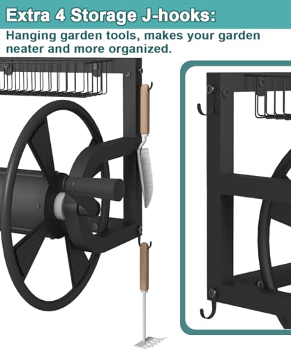 Artigarden Outdoor Wall Mounted Hose Reel with Hook, Garden Heavy-Duty Water Holder Winder with 3.9 ft Leader Hoses, Brass Fitting and Storage Basket for Yard, Holds 125 Ft of 5/8-Inch Hose, Black - color: Black
