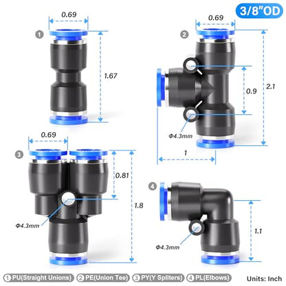 TAILONZ 3/8" Push to Connect Fitting Splitters+Elbows+Tees+Straight 8pcs - color: Blue, size: 3/8"OD/8PCS