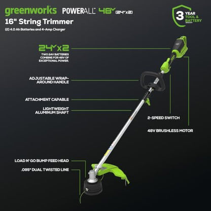Greenworks 48V (24V x 2) 16" Cordless String Trimmer, (2) 4.0 Ah Batteries - style: 16" (2 x 4Ah)