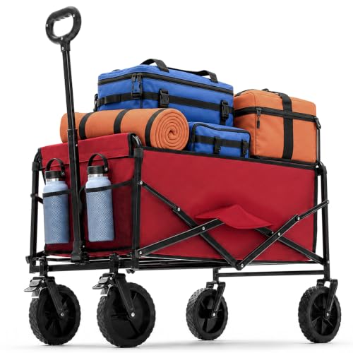 DUMOS Collapsible Wagon Cart, 330lbs Capacity, Red | Heavy Duty Foldable Utility, Detachable Brake Wheels, Flexible Handle for Beach Garden Sports Grocery Camping - size: 102L